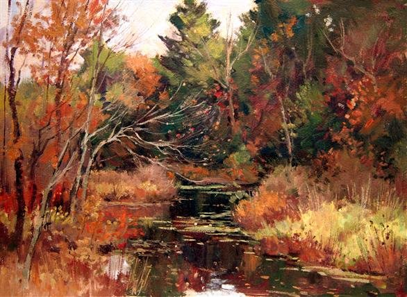 Bernard Corey Painting: Fall Waters. oil on paper. 10 3/4x14 1/2. unsigned. u. Good