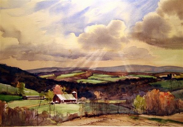 Bernard Corey Painting: Lakeside. watercolor. 11x15 1/2. unsigned. u. Good. doublesided watercolor