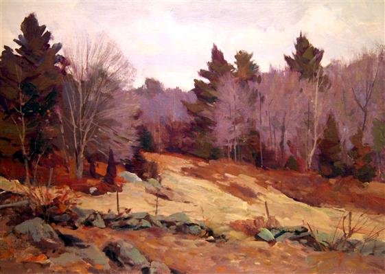 Bernard Corey Painting: Down by the Wall. oil on canvas. 10x14. unsigned. unstretched. Good