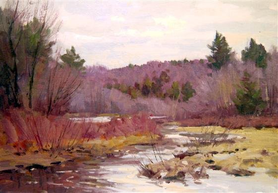 Bernard Corey Painting: Purple Brush. oil on canvas. 10x14. unsigned. unstretched. Good