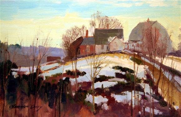 Bernard Corey Painting: Winter Scene. oil on board. 6 1/2x10. l.l. u. Good. glabel