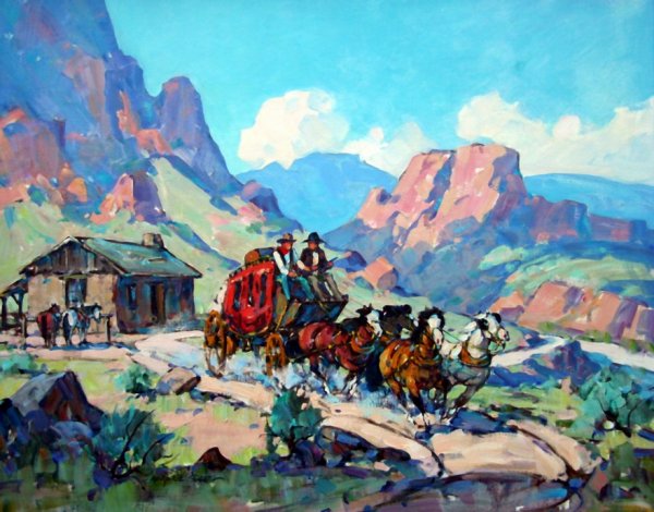 Marjorie Reed Oil on Canvas: Spectacular Marjorie Jane Reed (American, 1915-1996), Down A Steep Trail On The Butterfield Road, shows building on left, oil on canvas, height 24, width 30 inches, frame height 31 1/2, width 37 1/2 i