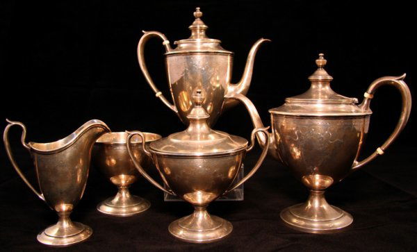 Sterling Five Piece Tea Set: Victorian Era Sterling Five Piece Tea Set, coffee height 10, width 8 1/2, 19.3 oz., teapot height 9, width 9 3/4, 19.4 oz., creamer height 5 1/2, width 5 inches, 5.7 oz., covered sugar, height 7, widt