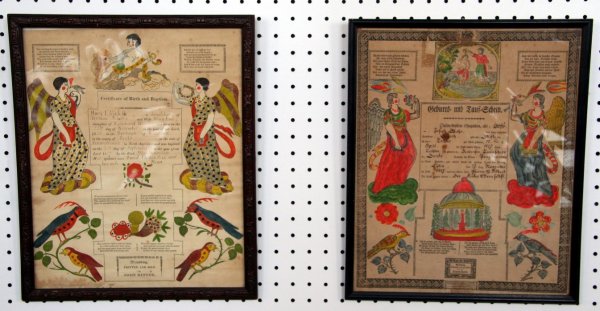 Two Early Frakturs: Two early Reading, PA frakturs, both dated 1827, John Ritter, ht. 15 1/2, wd. 12 1/2, Daniel Rothsht. 16, wd. 12 3/4