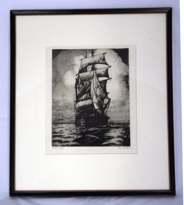 Max Kuehne Into the Night: Max Kuehne, engraving ship, "Into the Night", ht. 10 1/2, wd. 8 1/2