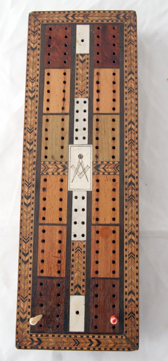 Tunbridge Masonic Cribbage Board: Tunbridge cribbage board with ivory Masonic inlay