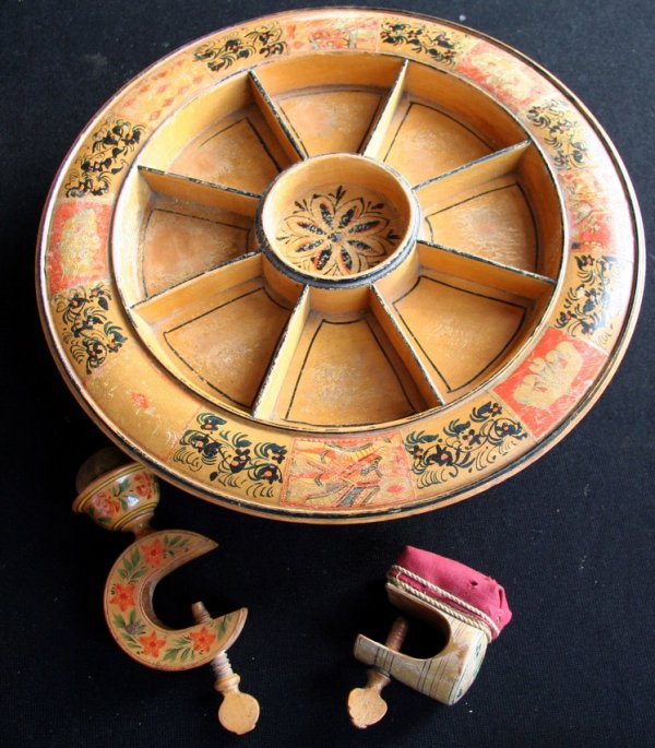 Pope Joan Board Painted Wood: Early painted woodenware including a Pope Joan board and two sewing items