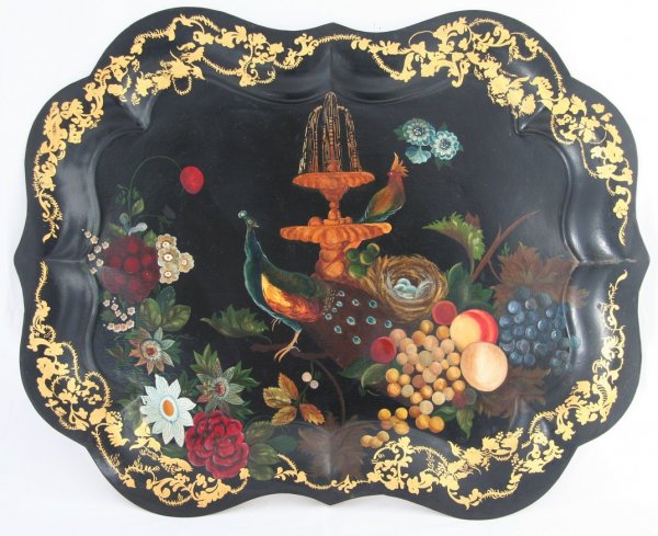 Large Peacock Decorated Tole Tray: Large decorated peacock tole tray, Chippendale edge, ht. 21, wd. 26