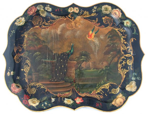 Large Peacock Decorated Tole Tray: Large decorated peacock tole tray, Chippendale edge, ht. 24, wd. 31