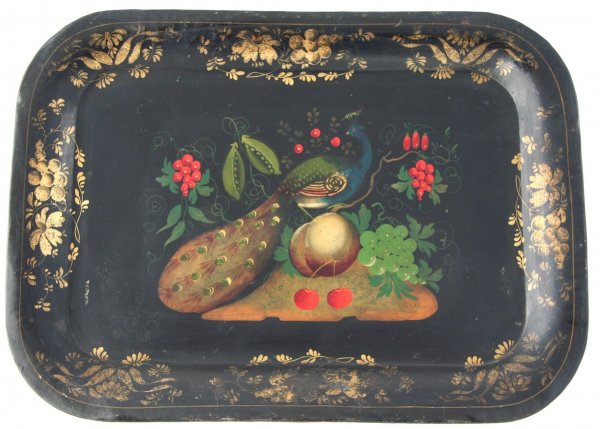 Rectangular Tole Peacock Tray: Large decorated peacock tole tray, rectangular form, 14 3/4, wd. 20 1/4