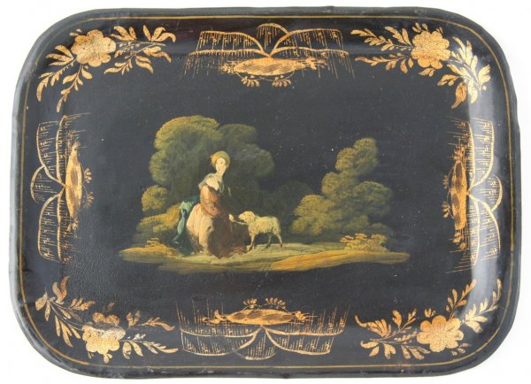 Tole Decorated Tray with Figure: Tole decorated tray with figure, ht. 10, wd. 13 3/4 inches