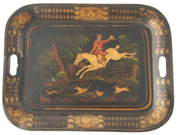 Tole Decorated Tray with Horse: Tole decorated tray with horse jumping scene, ht. 13 3/4, wd. 18