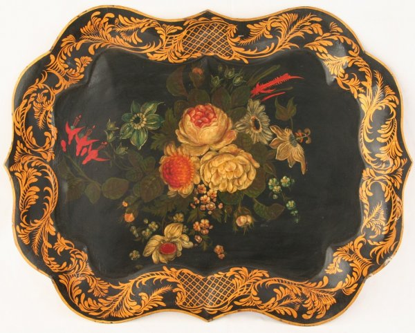 Large Decorated Tole Tray Floral: Large decorated tole tray with floral bouquet, Chippendale edge, ht. 17, wd. 22 1/2