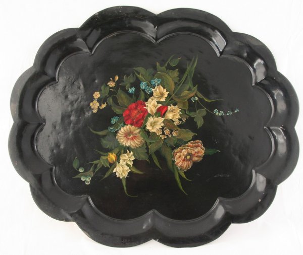 Large Decorated Tole Floral Tray: Large decorated tole floral tray, scalloped edge, ht. 25, wd. 30 1/2 inches