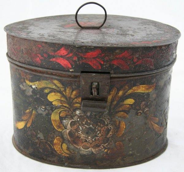 Tole Round Box: Tole round box decorated with flowers, ht. 5, width 7