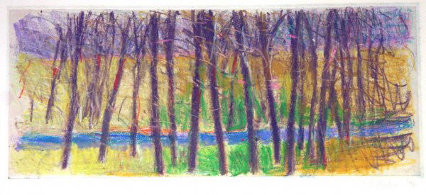 Wolf Kahn Monotype: Wolf Kahn Monotype, A Brook Runs Through It, 1992, ht. 6 3/4, wd. 15 1/2, frame, ht. 15, wd. 25, signed and dated