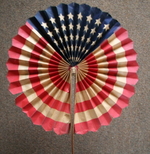 Early Advertising Fan: Early Advertising Fan "Eat Chris Grozinger's Sausage", paper fan, American flag on reversse