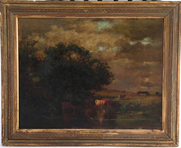 Arthur Parton Oil on Canvas: Arthur Parton Oil on Canvas, landscape with cows, needs a very deep cleaning, frame ht. 17 3/4, wd. 21 3/4 inches