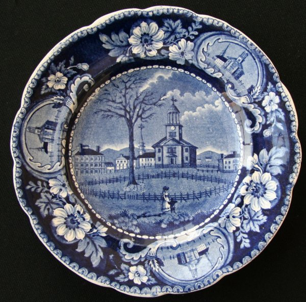 Clews Flow Blue Plate: Clews flow blue plate, view of pittsfield, ma, diam. 8 1/2 inches