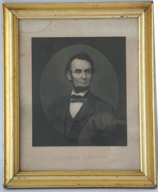 Abraham Lincoln Engraving 1866: Abraham Lincoln Engraving, 1866, engraved by John Sartain, some staining, original lemon gold frame, ht. 17 1/2, wd. 14 1/4q