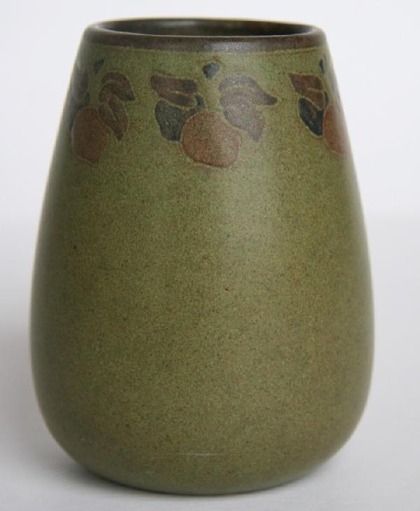 Marblehead Pottery Decorated Vase: Marblehead Pottery decorated vase, three color fruit in band around top, dark speckled green ground, excellent condition, signed H.T., M.P. sailing ship mark, height 4 1/2 just slightly taller than th
