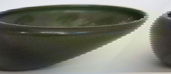 Marblehead Pottery Decorated Vase: Marblehead Pottery decorated vase, mushroom design inside, signed Arthur Baggs, M.P. sailing ship mark, height 3, diameter 9, white staining to inside