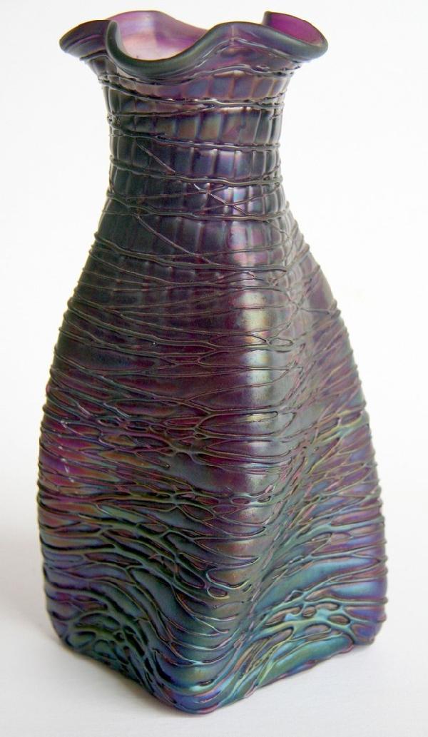 Loetz Art Glass Vase: Loetz art glass vase, twisting form, ruffled edge, height 9, width 4 inches