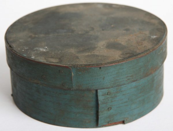 New England Antique Blue Pantry Box: New England antique blue pantry box, ht. 2 3/4, diameter 6 1/2 inches