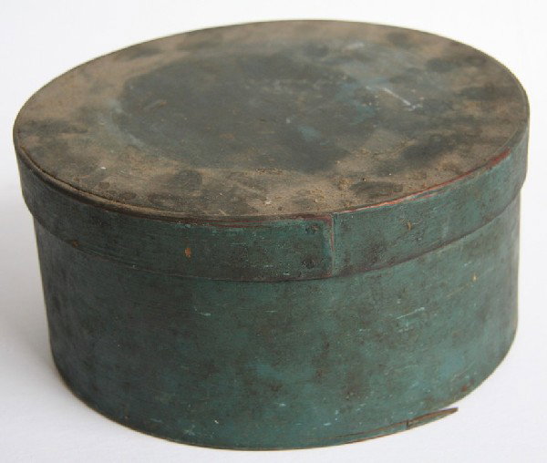 Large New England Antique Blue Pantry Box: Large New England antique blue pantry box, ht. 4 1/2, diameter 9 1/4 inches