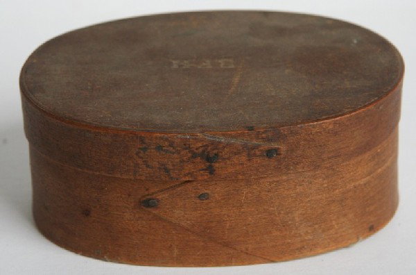 New England Oval Pantry Box: New England oval pantry box, top has initials R.F.H., ht. 2 1/4, width 5 1/4 inches