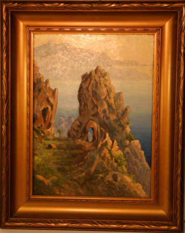C. Myron Clark (1858-1925) Oil: C. Myron Clark (1858-1925) oil on board, pathway to an arch, Capri, 16, 11 1/2, signed lower left 1914, beautiful period gold frame. About the artist: C. Myron Clark (1858-1925) was a painter of mount