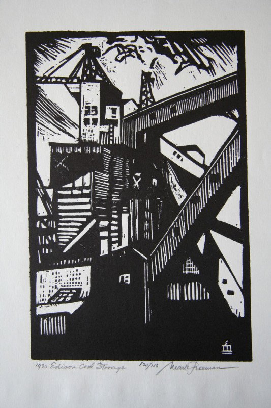 Mark Freedman (b.1908) Linocut: Mark Freedman, b.1908, 1930 Edison Coal Storage, height 11, width 8 1/2, 120/150.