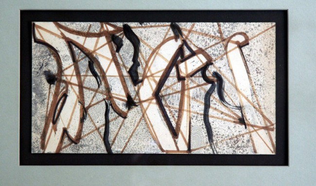 William H. Littlefield (b.1902-1969) Ink Monotype: William H. Littlefield (b.1902-1969), ink & monotype, nicely framed, height 6, width 11 back marked: Wm. H. Littlefield and Vincetn Grimaldi, 11/26/67, Composition based on VG., 11x5 7/8, ink & monoty