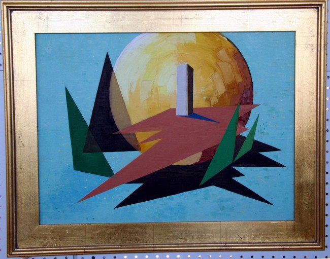 C.K Jennings Oil on Board: C.K. Jennings Oil on canvas, yellow moon abstract, height 19 1/2, width 23, gold frame
