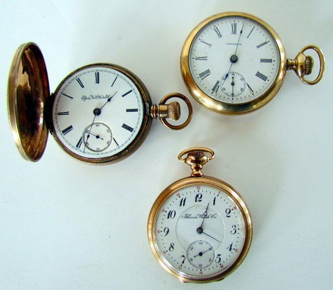 Three Antique Pocket Watches: Three Antique Pocket Watches, Elgin hunter case with train, no bezel, one Illinois and one Waltham