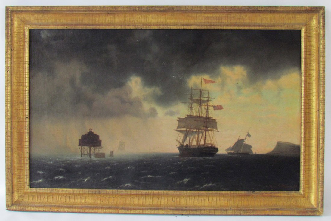 John Erik Christian Petersen (1839-1874) oil Boston: John Erik Christian Petersen (1839-1874), oil on canvas, Boston Harbor, Narrows "Bug" light, ht. 24, wd. 40, frame ht. 30, wd. 45 1/2, signed lower right