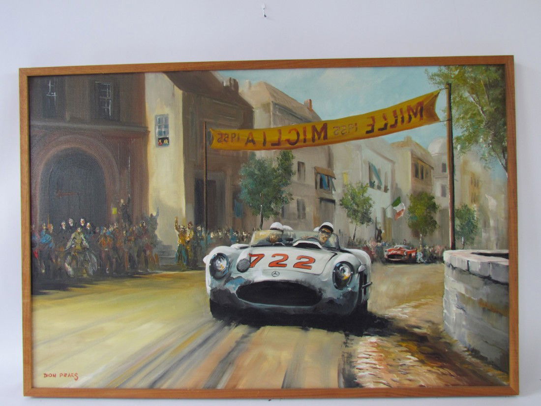 Dion Pears Race Car Oil on Canvas: Dion Pears Race Car Oil on Canvas, ht. 24, wd. 36, "1955 Mille Miglia, winning Mercedes driven by Stirling Moss"