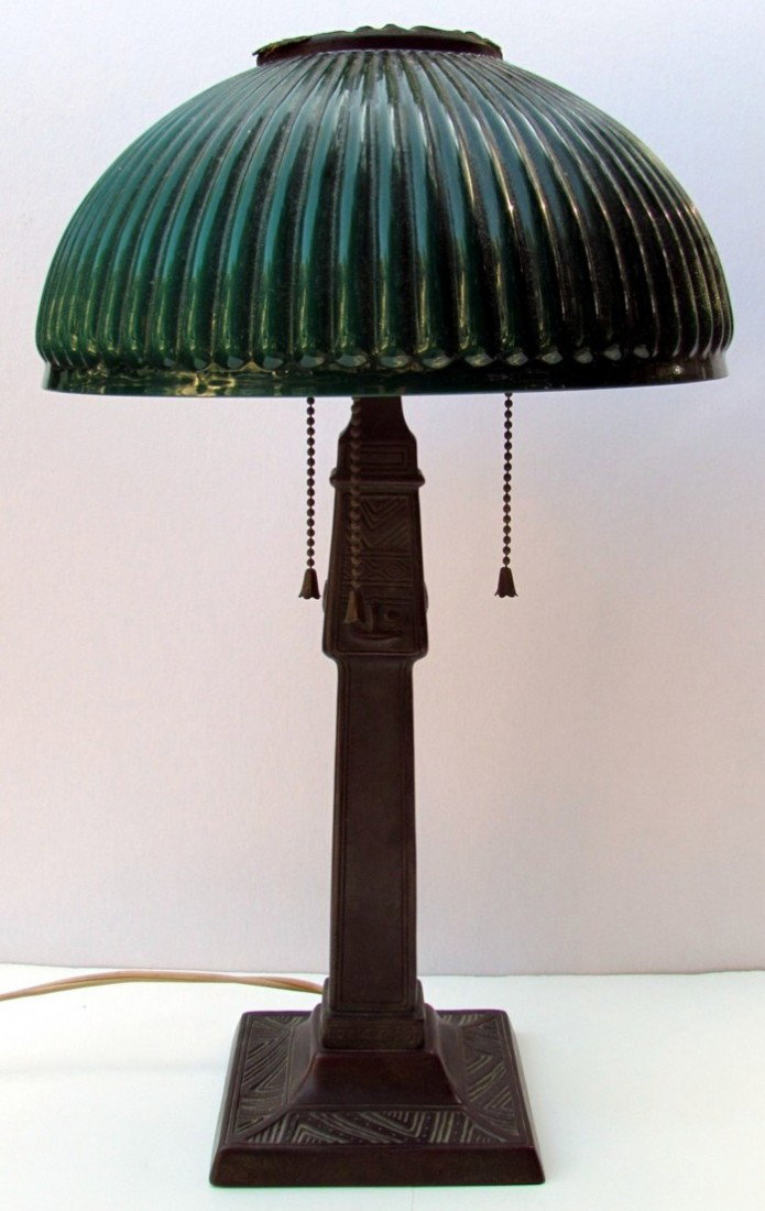 Tiffany Studios Lamp: Tiffany Studios Bronze Lamp, marked Tiffany Studios, New York, 536, great patina, ht. 16 1/2, vintage emerald green cased glass shade, diameter 10 inches