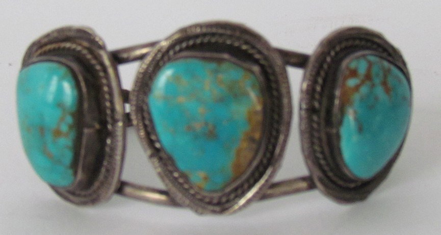Vintage Navajo Turquoise Bracelet: Vintage Navajo Turquoise Bracelet, marked Riveras, sterling, ht. 1, wd. 2 1/2 inches