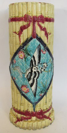 Large Antique Majolica Umbrella Stand: Large antique majolica umbrella stand, severe cracks, ht. 23 1/2, diam. 10 1/2 inches