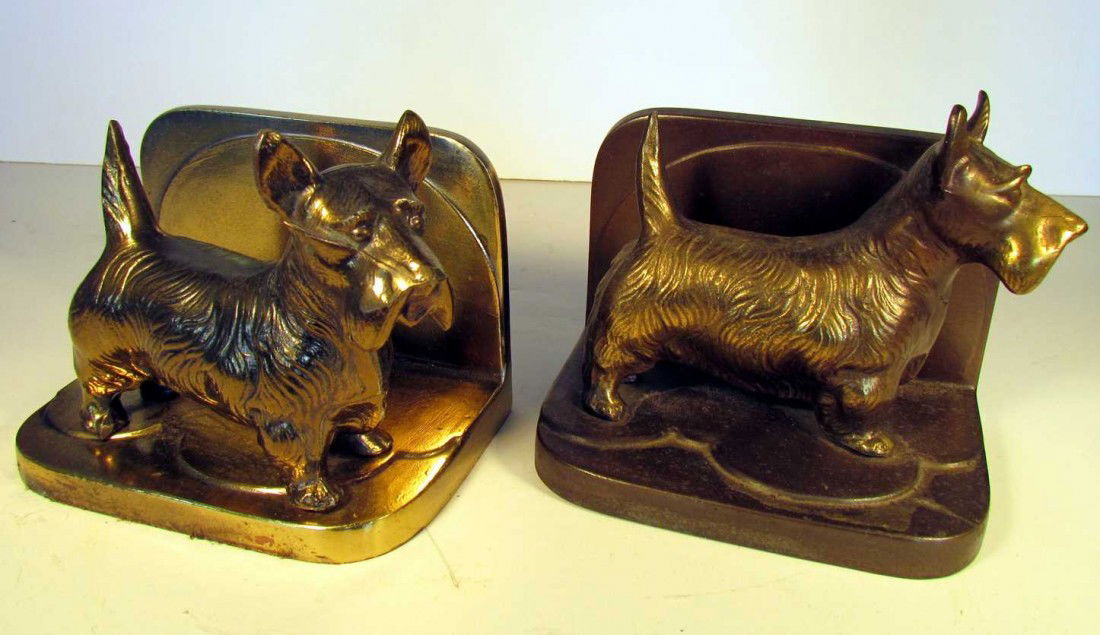 Pair Frankart Scottie Dog Bookends: Pair Frankart Scottie dog bookends, married set finish a bit different, ht. 4 1/2