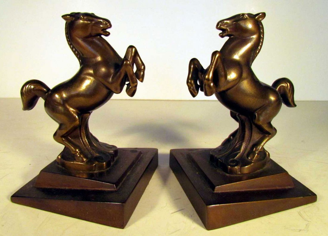 Art Deco Horse Bookends: Art Deco Horses on Pedestals, possibly Frankart, ht. 7