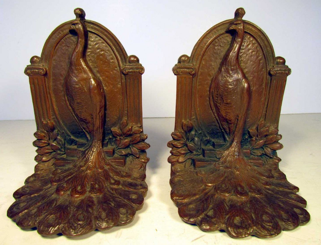 Peacock Bookends: Peacock Art Nouveau bookends, metal, marked WB, 641, ht. 6