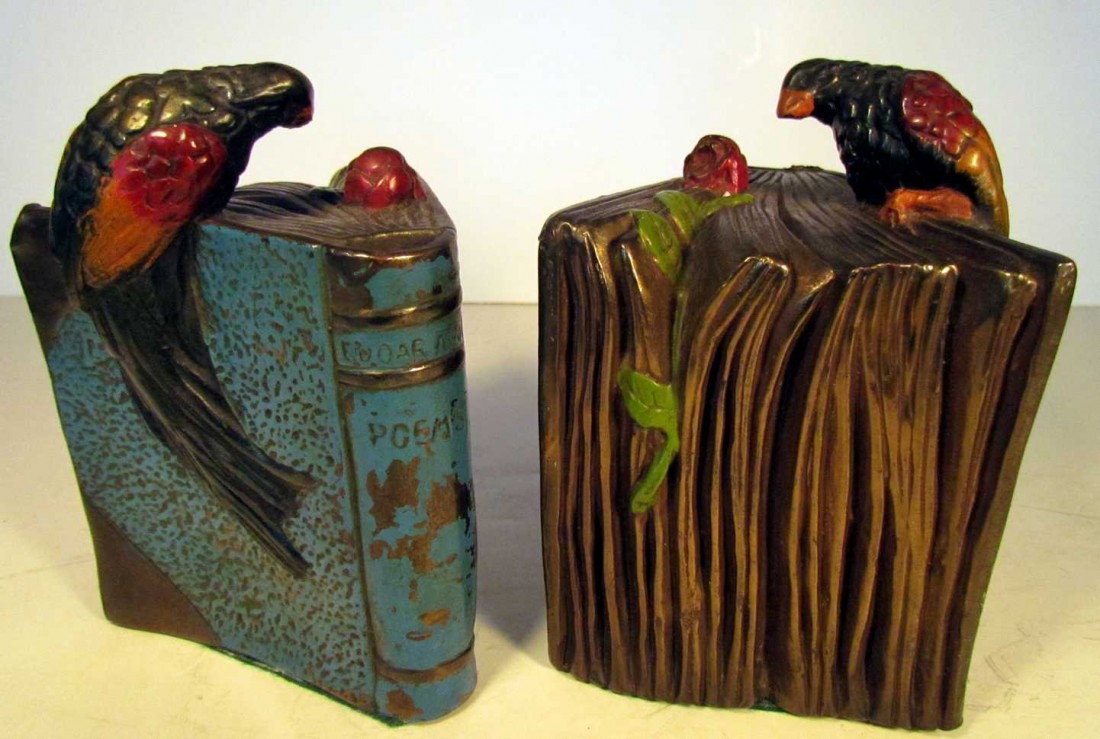Parrots on Edgar Allen Poe Bookends: Parrots on Edgar Allen Poe Books, probably Pompeian Bronze, ht. 6 1/4