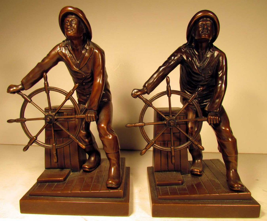 Jennings Brothers They That Go Down to the Sea: They That Go Down to the Sea, bronze clad bookends, Jennings Bros., ht. 8 1/3, Leonard Craske