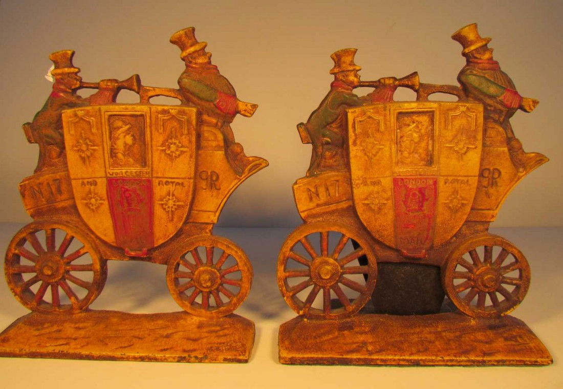 Mail Coach Bookends: Worcester Mail Coach bookends, metal, cold painted, ht. 7 1/2