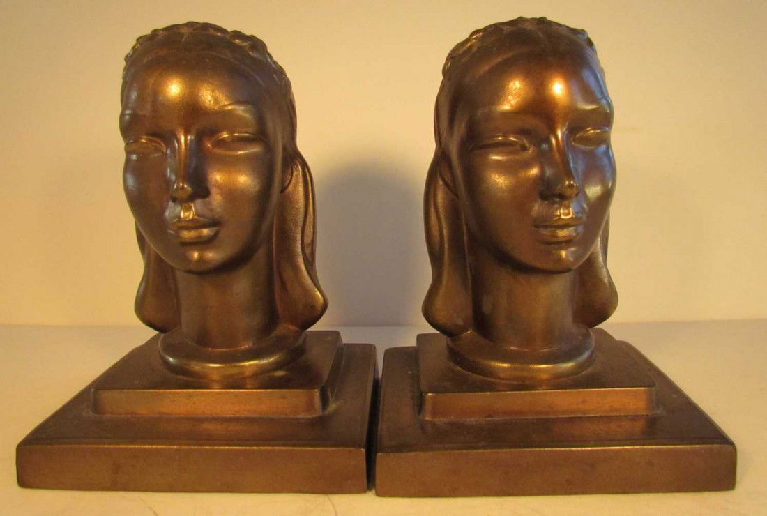 Frankart Art Deco Lady Head Bookends: Frankart Art Deco Lady Head Bookends, ht. 6 1/2