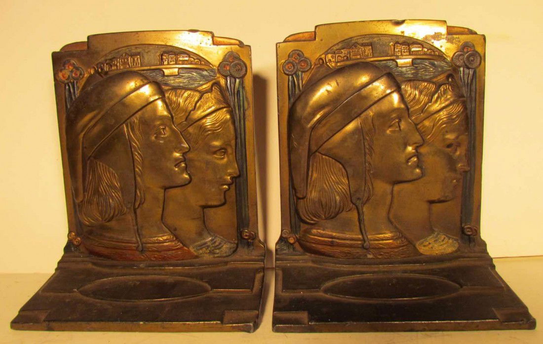 Dante and Beatrice Pompeian Bronze Bookends: Dante and Beatrice Pompeian Bronze Bookends, c.1925, ht. 6, rare