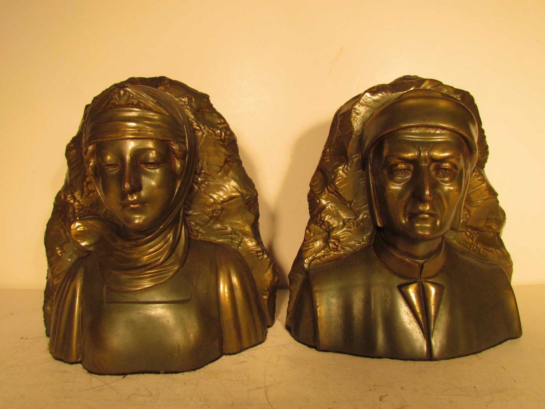 Dante and Breatrice Galvano Bronze Bookends: Dante and Beatrice Galvano Bronze Bookends, ht. 6 1/2