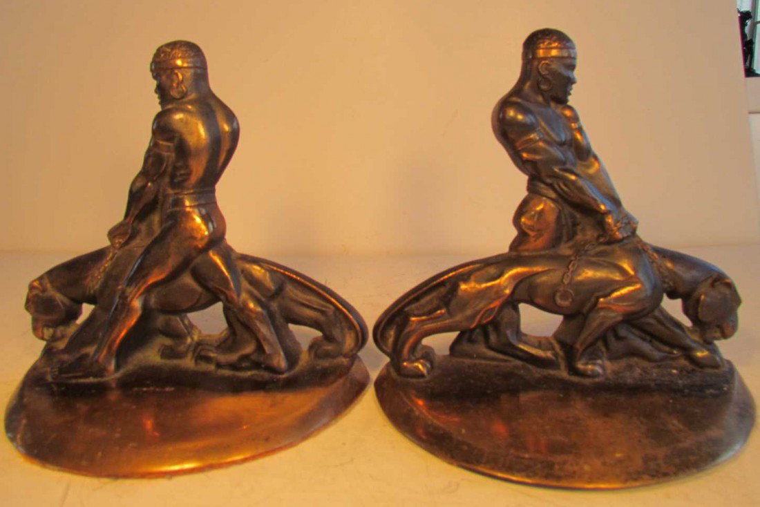 Art Deco African Figure with Panther Bookend: Art Deco African Figure with Panther Bookends, bronze Russwood, ht. 6 1/2